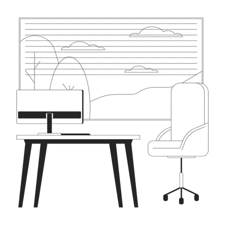 Workplace Comfortable Black And White 2 D Line Cartoon Object Workspace Table With Office Chair Near Window Isolated Vector Outline Item Furniture Technology Monochromatic Flat Spot Illustration Illustration