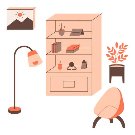 Workplace Furniture With Bookshelf Lamp And Chair Vector Illustration In Flat Style With Workplace Theme Editable Vector Illustration Illustration