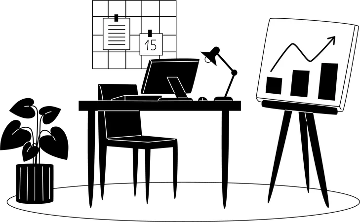 Workplace In The Office Black And White Illustration Illustration