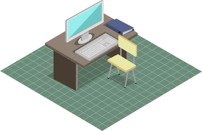 Workplace In Office Workplace Concept Cabinet With Desktop Computer Isometric Interior Of Cabinet Business Concept Object Vector Illustration In Flat Isolated Object On Green Background Illustration