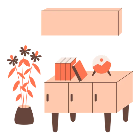 Workplace Interior With Furniture Books Vase And Flowers Vector Illustration In Flat Style With Workplace Theme Editable Vector Illustration Illustration
