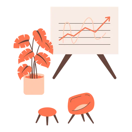 Workplace Interior With Infographic Board Table And Plants Vector Illustration In Flat Style With Workplace Theme Editable Vector Illustration Illustration
