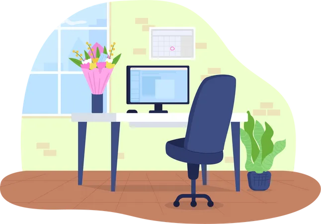 Workplace with flowers in vase Illustration