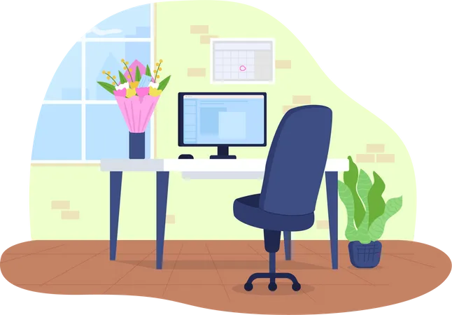 Workplace with flowers in vase  Illustration