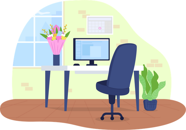 Workplace with flowers in vase  Illustration