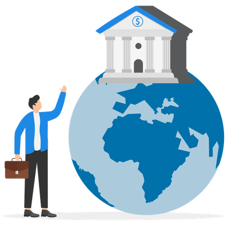 World bank strong bank standing on planet earth  Illustration