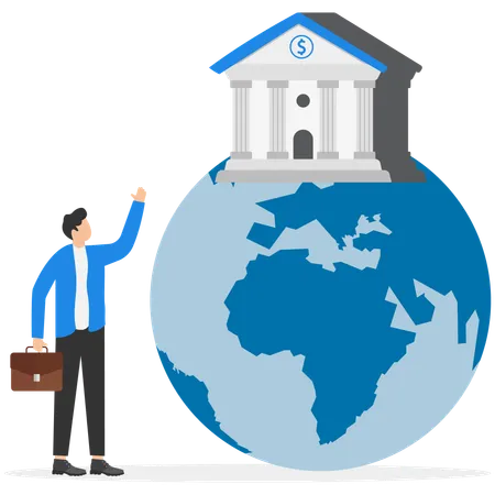 World bank strong bank standing on planet earth  Illustration