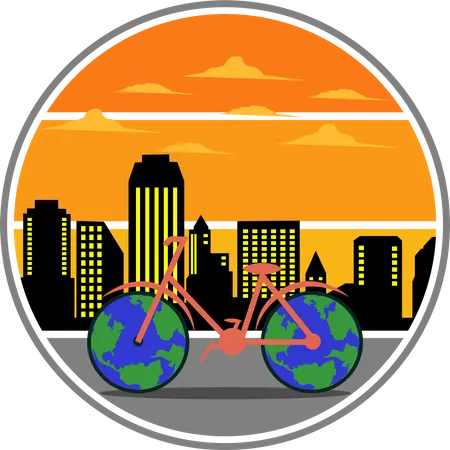 World Bicycle Day In City Retro Design Landscape Illustration