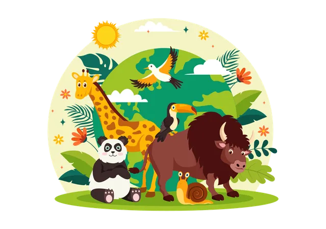 World Biodiversity Day Vector Illustration With Biological Diversity Earth And The Various Animal In Nature Flat Cartoon Background Illustration