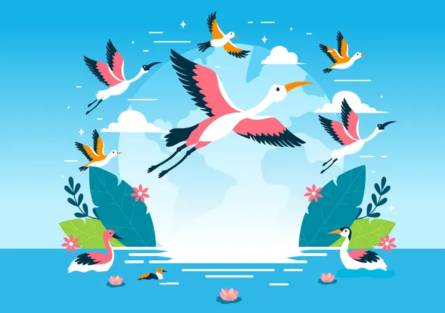 World Migratory Bird Day Vector Illustration With Birds Migrations Groups And Their Habitats For Living Aquatic Ecosystems In Flat Cartoon Background Illustration