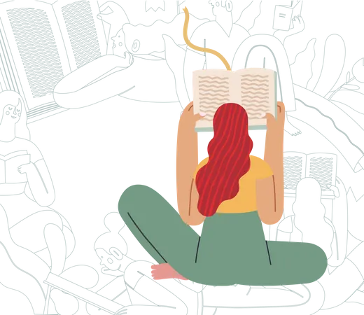 World Book Day Graphics Book Week Events Modern Flat Vector Concept Illustrations Of Reading People A Young Red Haired Woman Reading A Book Sitting In The Lotus Illustration