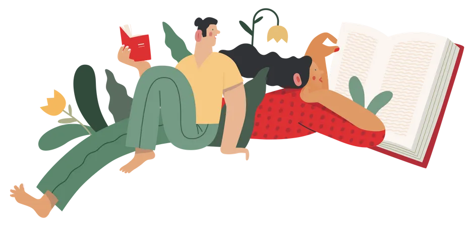 World Book Day Graphics Book Week Events Modern Flat Vector Concept Illustrations Of Reading People A Young Brunette Woman Reading A Book Laying Down Surrounded By Plants And Young Sitting Man Illustration