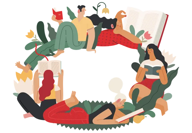 World Book Day Graphics Book Week Events Modern Flat Vector Concept Illustrations Of Reading People Young Men And Women Reading Book Sitting And Laying Down Surrounded By Plants And Blossom Flowers Illustration