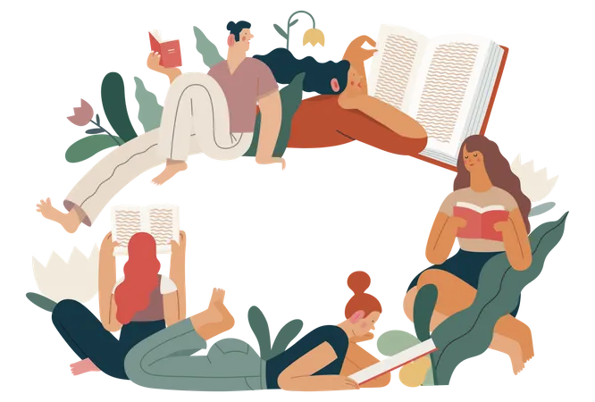 World Book Day Graphics Book Week Events Modern Flat Vector Concept Illustrations Of Reading People Young Men And Women Reading Book Sitting And Laying Down Surrounded By Plants And Blossom Flowers Illustration