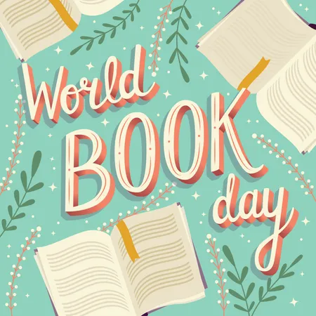세계 책의 날, 열린 책이 있는 핸드 레터링 타이포그래피 현대 포스터 디자인  일러스트레이션