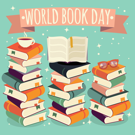 World book day, open book on stack of books with glasses on mint background Illustration