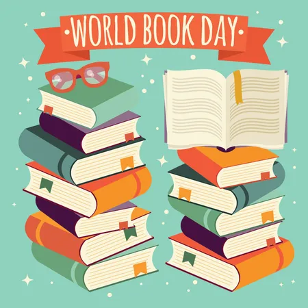 World book day, open book on stack of books with glasses on mint background  Illustration