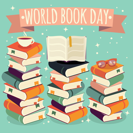 World book day, open book on stack of books with glasses on mint background  Illustration