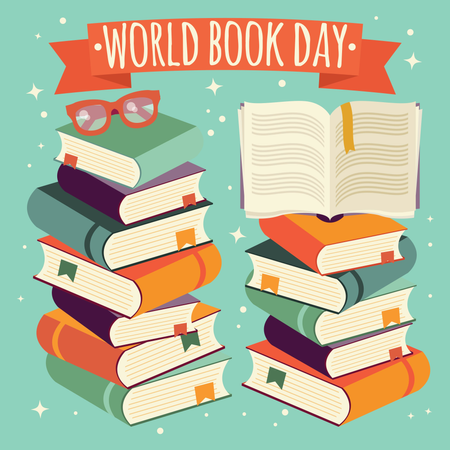 World book day, open book on stack of books with glasses on mint background  Illustration