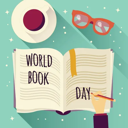 World book day, open book with a hand writing, coffee cup and glasses  Illustration