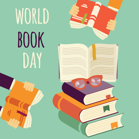 World book day, stack of books with hands and glasses  Illustration