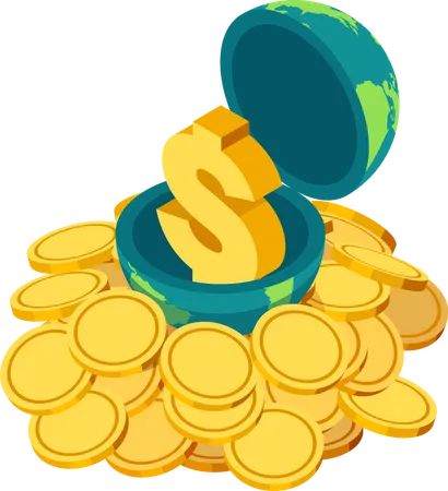 Flat 3 D Isometric Golden Dollar Sign Inside The World On Pile Of Coin World Economy And Financial Concept Illustration