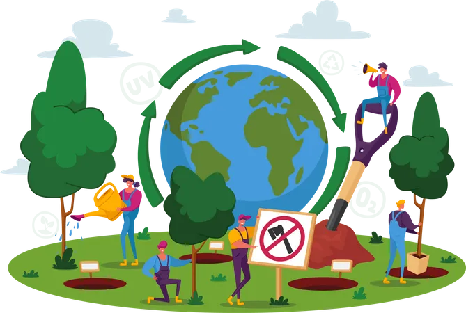 World Environment Day Reforestation Characters Planting Seedlings And Growing Trees Into Soil Working In Garden Save World Earth Day Nature And Ecology Concept Cartoon People Vector Illustration Illustration