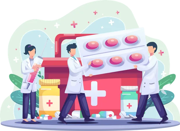 World Health Day Concept With Group Of Doctors Bring Medicine And Pills Flat Vector Illustration イラスト