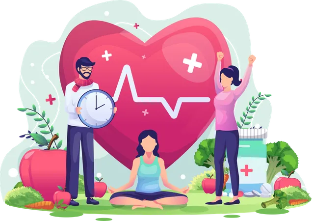 World Health Day Concept With Characters People Are Exercising Yoga Living Healthy Flat Vector Illustration イラスト