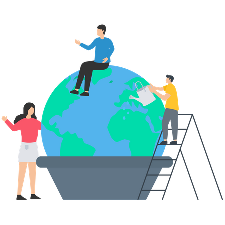 World in pot with young mans and woman  Illustration
