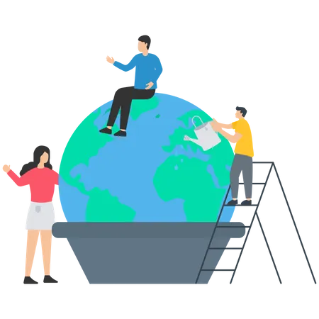 World in pot with young mans and woman  Illustration