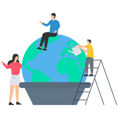World in pot with young mans and woman  일러스트레이션