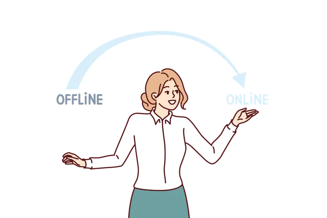 Woman Is Engaged In Business Digitalization And Points To Word Online Recommending Use Internet Technologies Girl Specialist In Digitalization Company Suggests Abandoning Offline Promotion Methods Illustration