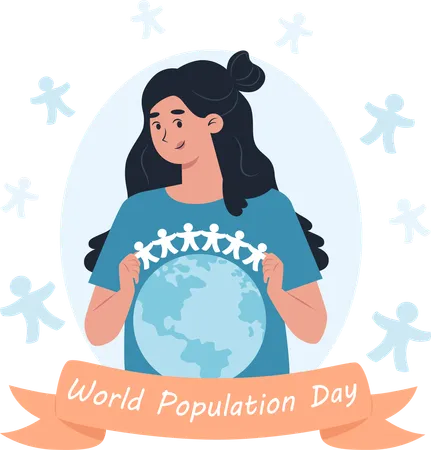 World Population Day A Woman Holds A Garland Of Paper Men Over The Planet Earth Illustration