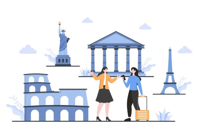 Travel Agency Background Vector Illustration People Visit The Landmarks Of These World Famous Tourist Attractions Using Plane Car Or Boat Transportation Illustration