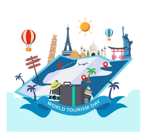 World Tourism Day The Inscription On The Globe Around The Monuments Of Architecture Flat Vector Illustration Illustration