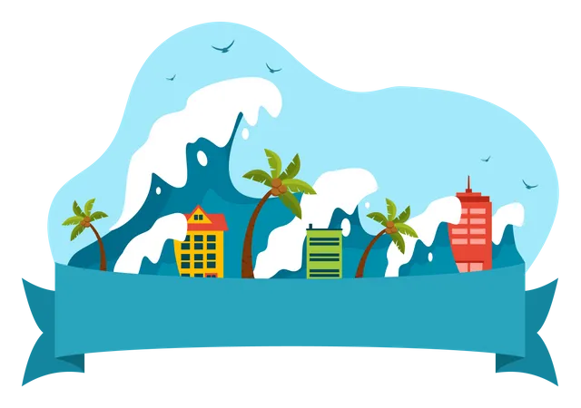 World Tsunami Awareness Day Vector Illustration On 5 November With Waves Hitting Houses And Building Landscape In Flat Cartoon Background Templates イラスト