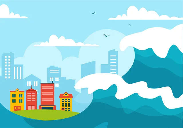 World Tsunami Awareness Day Vector Illustration On 5 November With Waves Hitting Houses And Building Landscape In Flat Cartoon Background Templates 일러스트레이션