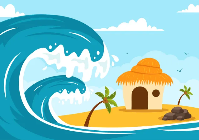 World Tsunami Awareness Day Vector Illustration On 5 November With Waves Hitting Houses And Building Landscape In Flat Cartoon Background Templates Illustration