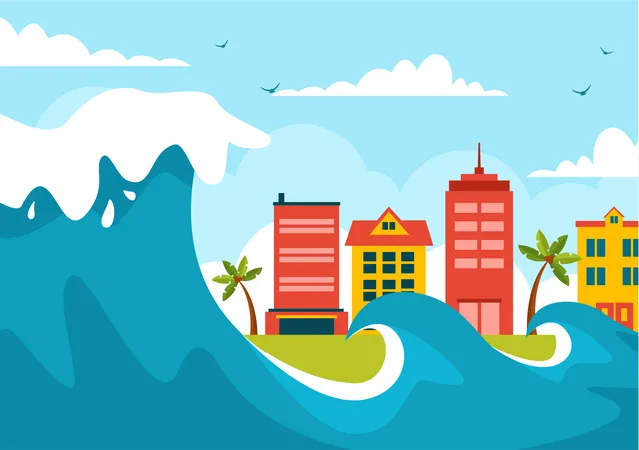 World Tsunami Awareness Day Vector Illustration On 5 November With Waves Hitting Houses And Building Landscape In Flat Cartoon Background Templates イラスト