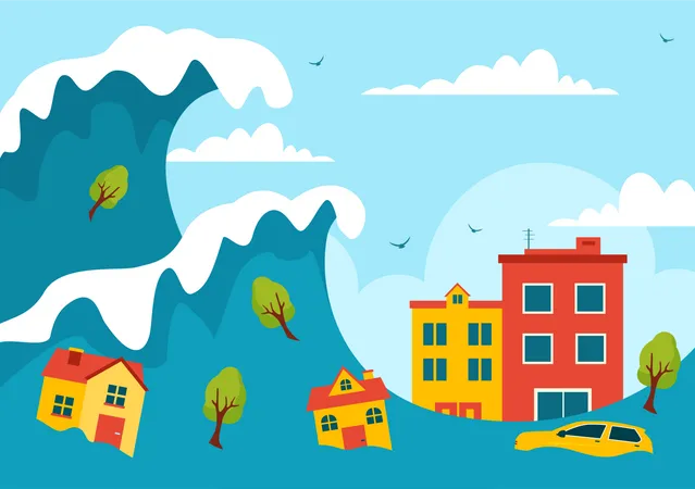 World Tsunami Awareness Day Vector Illustration On 5 November With Waves Hitting Houses And Building Landscape In Flat Cartoon Background Templates Illustration