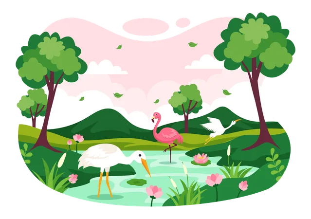 World Wetlands Day Vector Illustration On 2 February With Stork Animals And Garden Background In Holiday Celebration Flat Cartoon Design Illustration