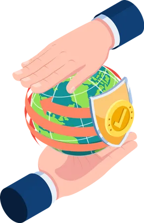 Flat 3 D Isometric Businessman Hands Protecting The World And Warranty Shield World Wide Warranty And Customer Service Concept Illustration