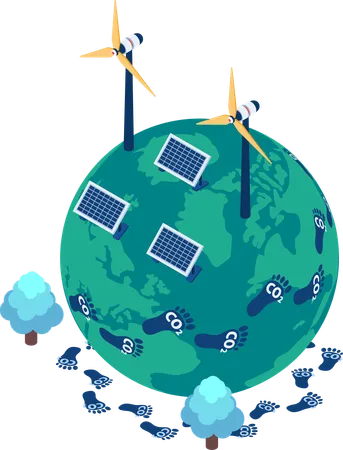 Flat 3 D Isometric World With Carbon Footprint And Renewable Energy Reduce Carbon Emissions And Climate Change Concept Illustration