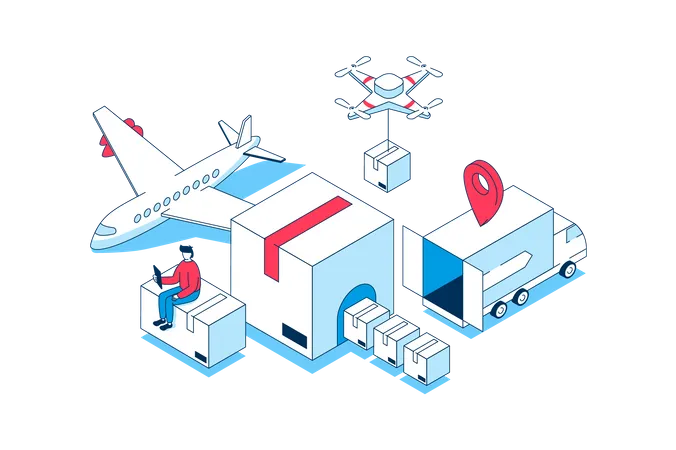 Worldwide Delivery Concept In 3 D Isometric Design People Using Global Logistic Company Service And Receiving Parcels With Airmail Shipping Vector Illustration With Isometry Scene For Web Graphic Illustration