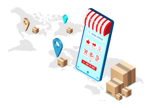 Worldwide delivery service by online shopping app  일러스트레이션