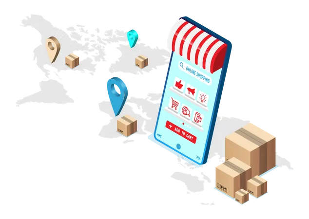 Worldwide delivery service by online shopping app  Illustration