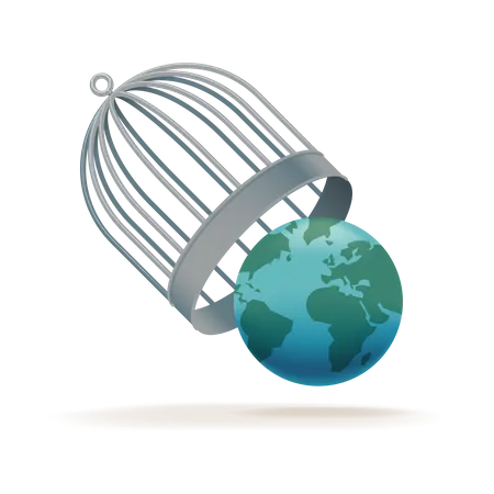 Worldwide quarantine end with Earth globe being released from birdcage Illustration