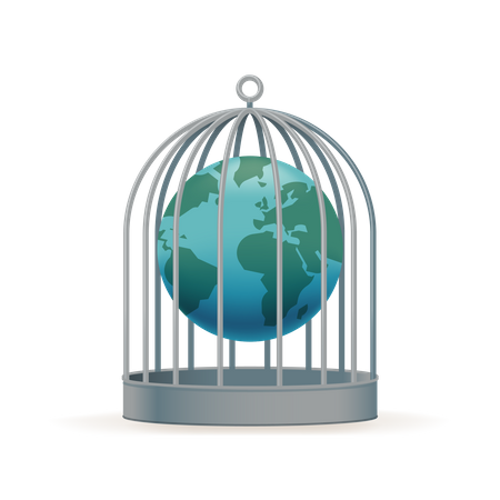 Worldwide quarantine with Earth globe locked in birdcage  Illustration