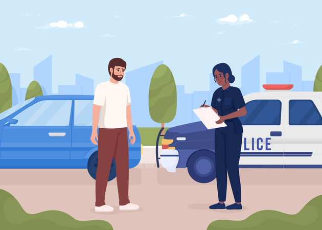 Worried bearded man pulled over by police officer Illustration